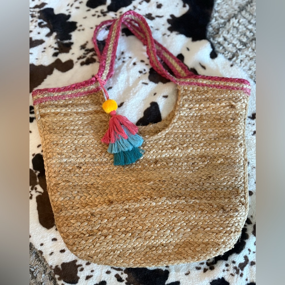Woven Straw Tote Bag with Pink Accents